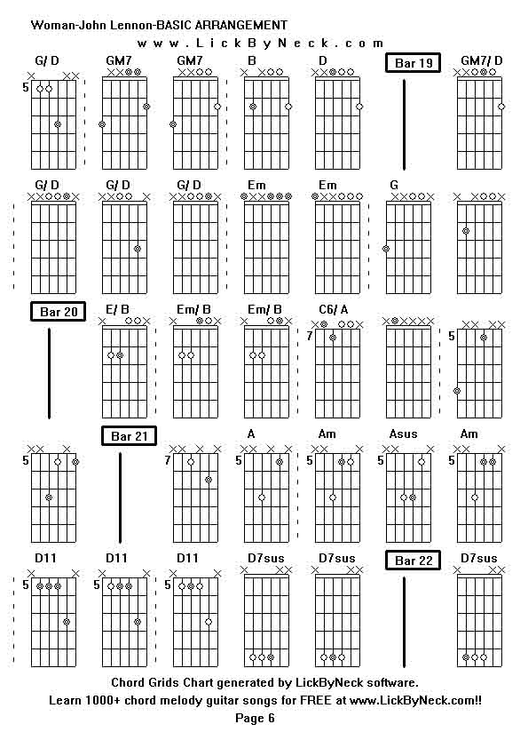 Chord Grids Chart of chord melody fingerstyle guitar song-Woman-John Lennon-BASIC ARRANGEMENT,generated by LickByNeck software.